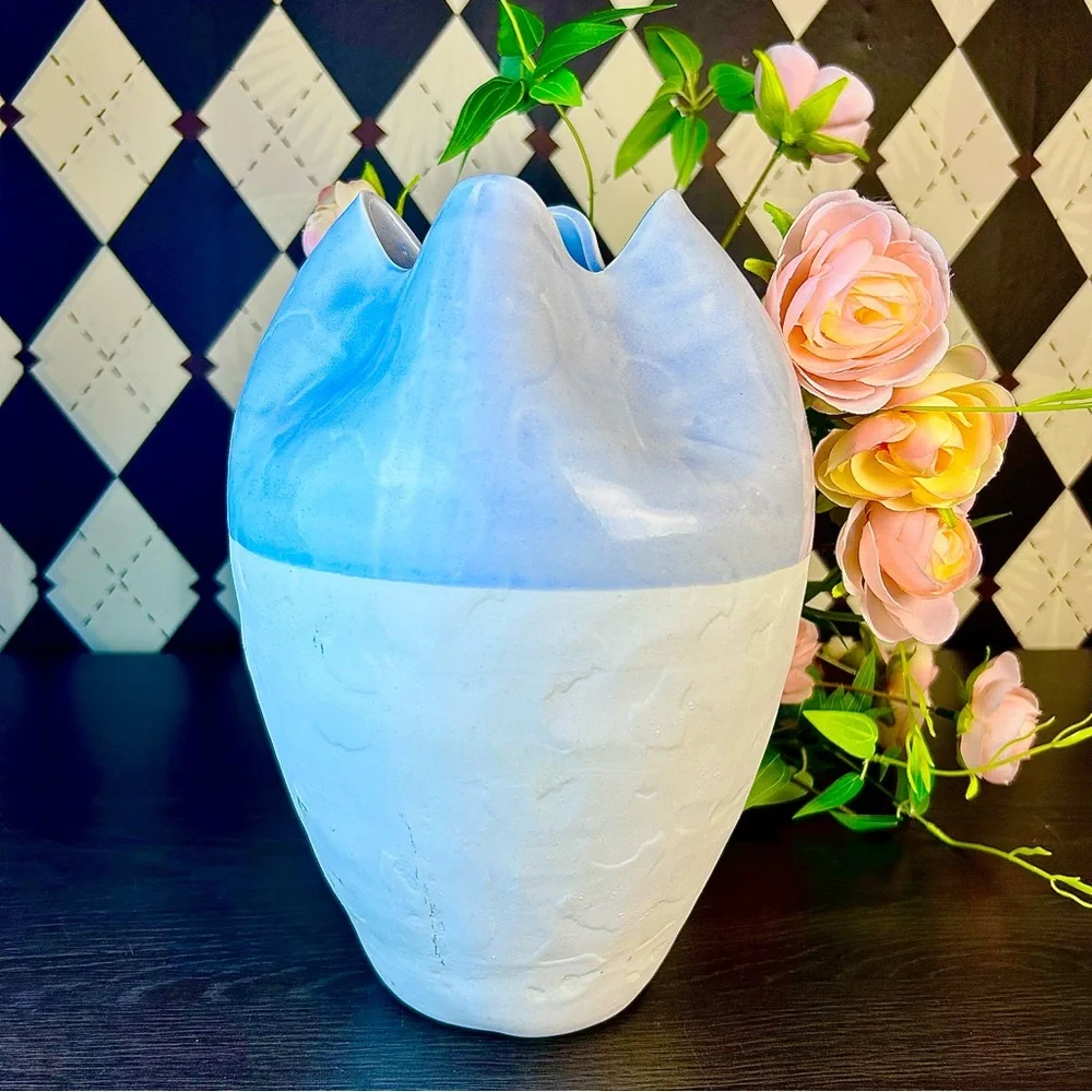 Large Wabi‎ Sabi Studio Pottery Vase Sculptural Ceramic Pinched Rim Blue White